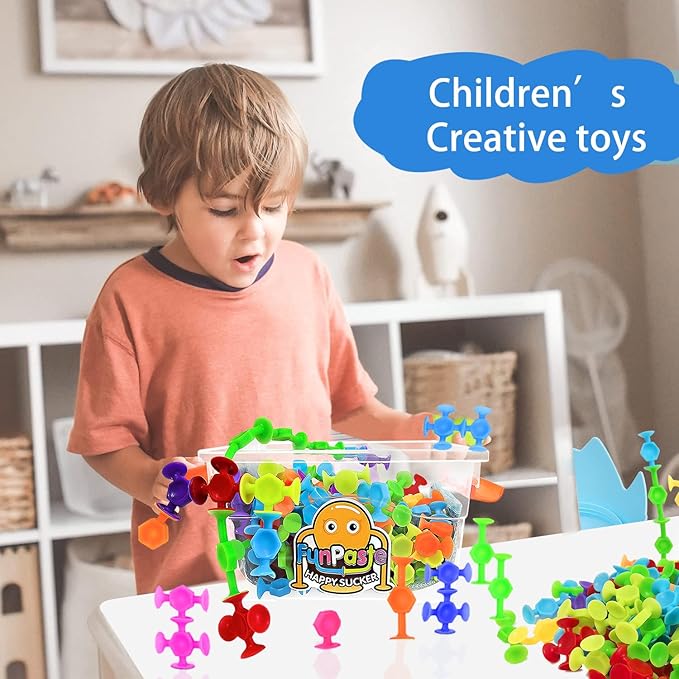 165Pcs Suction Cup Toys Bath Sensory Toys for Kids, Stocking Stuffers Genius Suckers Building Party Favor for 3 4 5 6 Year Old Boy Girl Toddler Travel Fidget Window with Storage