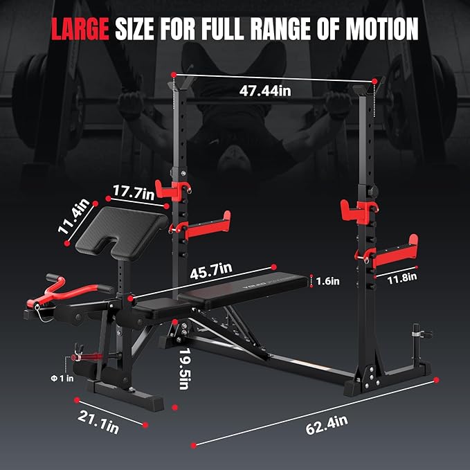 YOLEO 1980LBS Adjustable Weight Bench Set, 47.44" Wide Grip, Workout Bench with Squat Rack, Leg Extension, Preacher Curl, Bench Press with Safety Bar Catches, Weight Benches for Home Gym