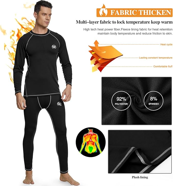 Men Thermal Underwear Set Long Johns with Fleece Lined Base Layer Men Cold Weather Top Bottom for Skiing Running