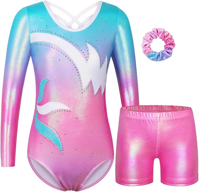 BAOHULU Gymnastics Leotards for Girls Long Sleeve Sparkly Cute Pattern Dance Outfit with Matching Shorts Set