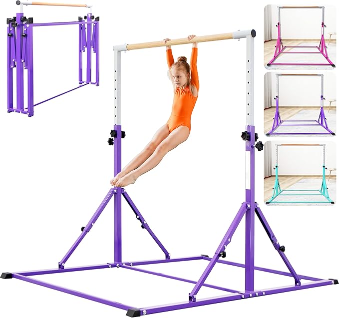 PreGymnastic Foldable Gymnastics Bar, 5.6FT Folding Horizontal Bars for Kids Ages 3-12, Weight Limit 350 LBS, Adjustable kip Bar, Children Home Gym Equipment Indoor