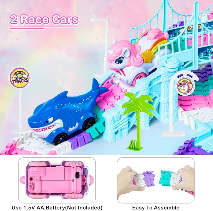 Unicorn Race Track Car Set for Kids, Flexible DIY Tracks with Unicorn and Shark Cars, STEM Building Toy for Girls and Boys Ages 3 4 5 6 7, Birthday Gift Idea