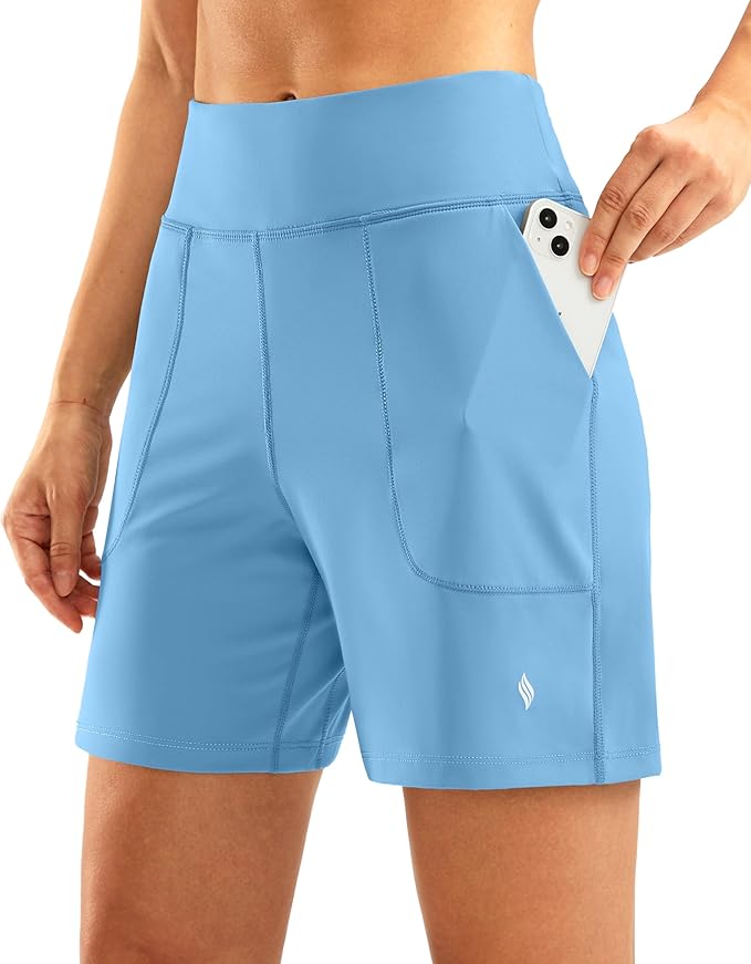 SANTINY Women's 6'' Athletic Long Shorts with 4 Pockets High Waisted Bermuda Shorts for Women Walking Running Casual