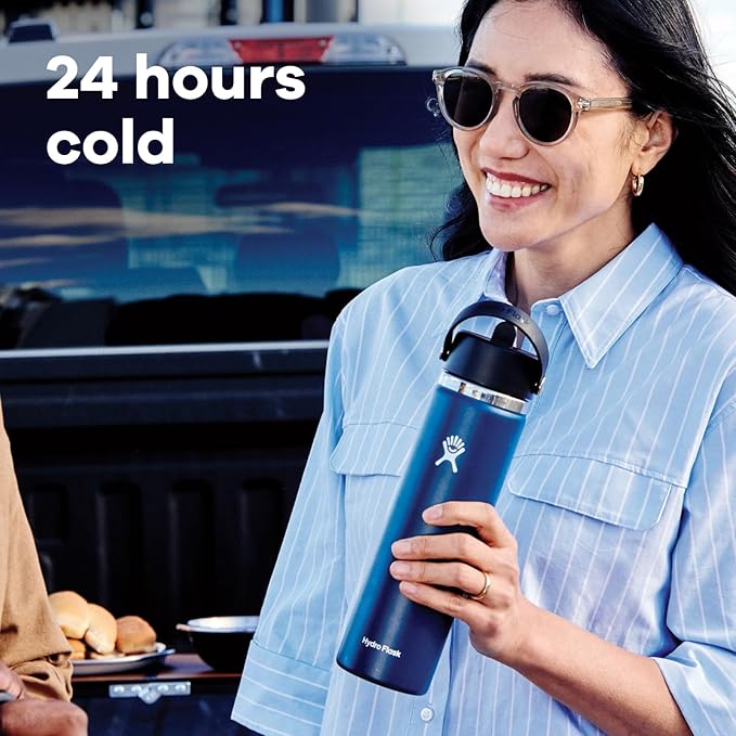 Hydro Flask Water Bottle - Insulated Stainless Steel - Wide Mouth Flex Straw Lid, Non Spill, Leakproof and Refillable in 24 Oz Sandpiper