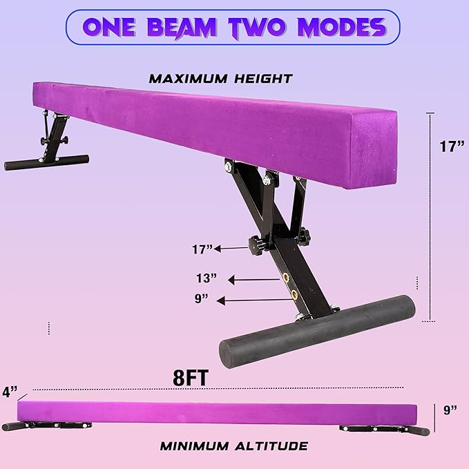 PreGymnastic 8FT Balance Beam, Raised Gymnastics Beam for Kids Ages 3-12, Home Gym Equipment for Training, Adjustable Balancing Beam Indoor, Off-Ground Competition Style
