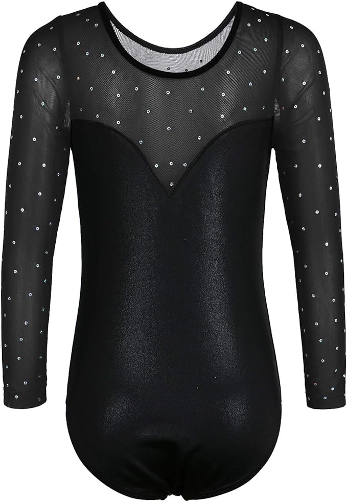 BAOHULU Leotards for Girls Gymnastics Long Sleeve Embroidery Shiny Black Diamond Dance Clothes