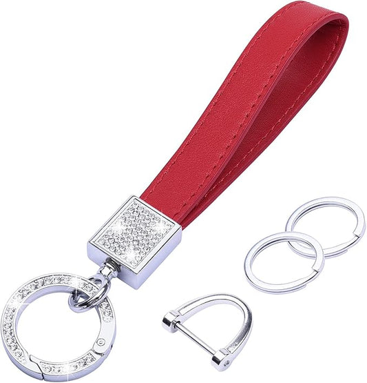 Wisdompro Genuine Leather Car Keychain, Bling Key FOB Holder Leather Loop Keychains for Women Girls with Crystal Rhinestones and 2 Keyrings - Red
