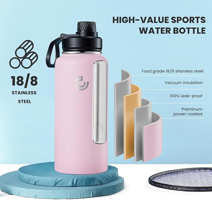 COKTIK 32oz Sports Water Bottle, Stainless Steel Water Bottle for Insulated, Reusable Travel Bottle, With Straw, With Handle Grip for Easy Carrying, Suitable for Cycling, Outdoor Vacations(Blush)