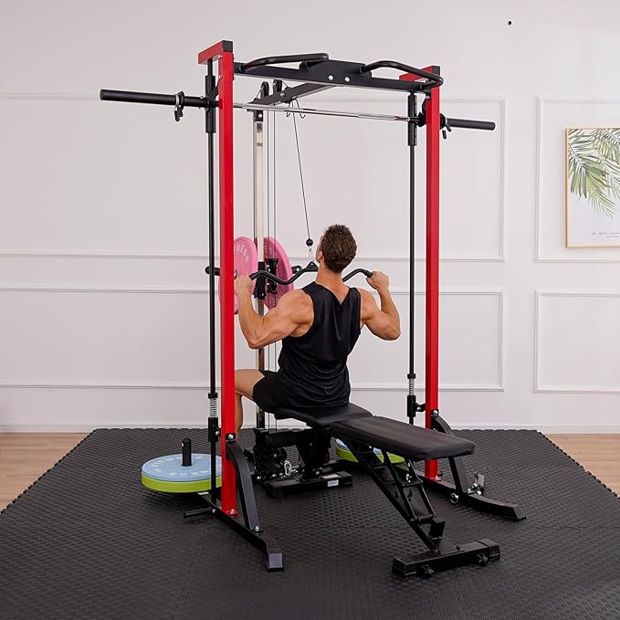 Smith Machine Power Cage Squat Rack with LAT-Pull Down System, 1000LBS Capacity, Landmine, Barbell Bar, Plate Storage Pegs and More Training Attachment for Garage Workout & Home Gym