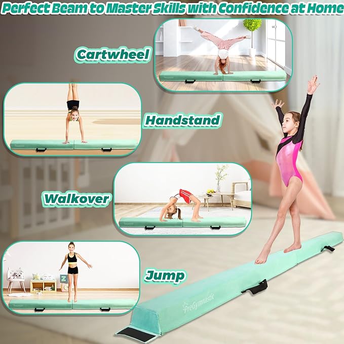 PreGymnastic 6FT/8FT/9.5FT Folding Balance Beam for Kids Ages 3-12, Foldable Gymnastics Floor Beam-Extra Firm Suede Cover with Carrying Bag for Home-Gym Equipment for Toddler Teenager