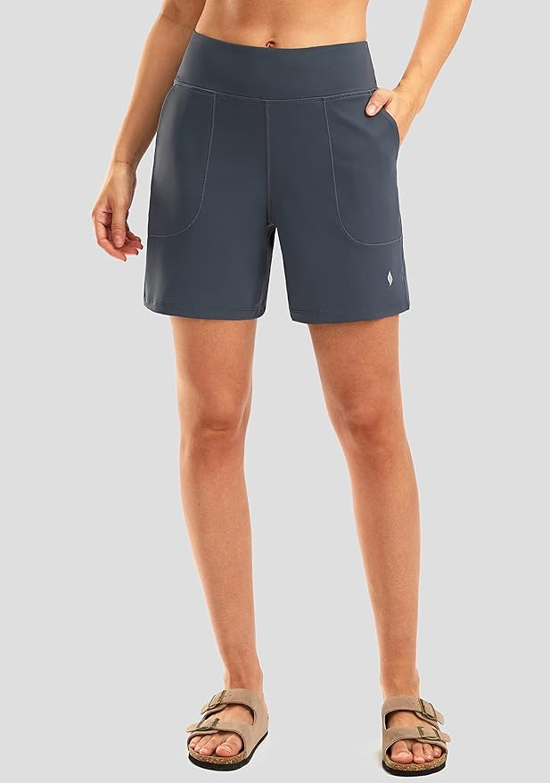 SANTINY Women's 6'' Athletic Long Shorts with 4 Pockets High Waisted Bermuda Shorts for Women Walking Running Casual