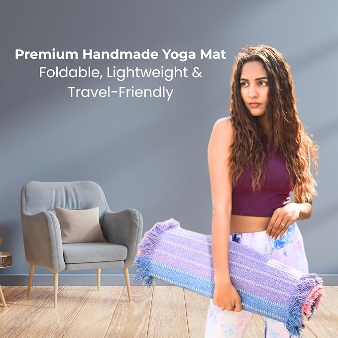 Indian Handmade100 % Organic Anti Skid Multi Colour Cotton Yoga Mat - Eco-Friendly Hand-Woven Rug - Non-Slip & Thick (24”x72”x5mm) for Hot yoga & Everyday Fitness at Home - Comfortable & Foldable Extra-Long Mat