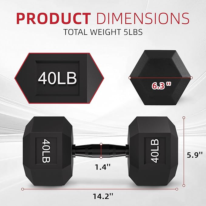 Rubber Encased Hex Weights Dumbbells Set of 5 – 50 lb Pair | Cast Iron Hand Weights with Anti-Slip Grip for Home Gym Strength Training