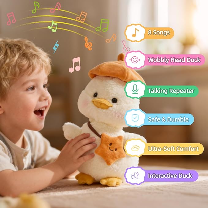 Plush Interactive Talking Duck Toy for Baby Toddler, Toys Boys Girls Gifts Singing Mimicking Recording Repeating What You Say,Head Sway Duck with 8 English Songs for Toddlers 1-3 Years Old, White