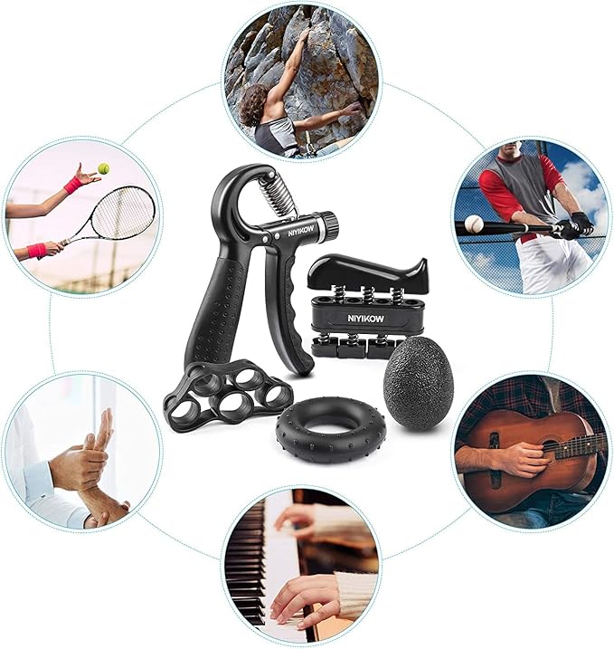 NIYIKOW Grip Strength Trainer Kit With Counter (5 Pack) - Adjustable Hand Strengthener, Counting Strength, Finger Trainer, Exerciser, Ring & Stress Relief Ball With Carry Bag