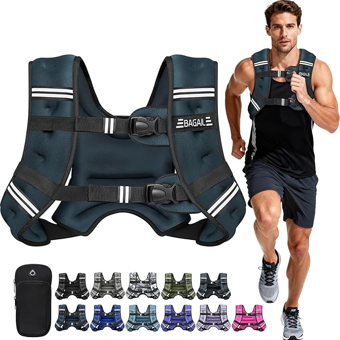 BAGAIL Weighted Vest, 5lb/8lb/10lb/12lb/15lb/20lb/25lb/30lb Weight Vest for Walking & Weight Loss, Reflective Rucking Vest with Phone Pouch for Women & Men, Home Gym & Outdoor Training