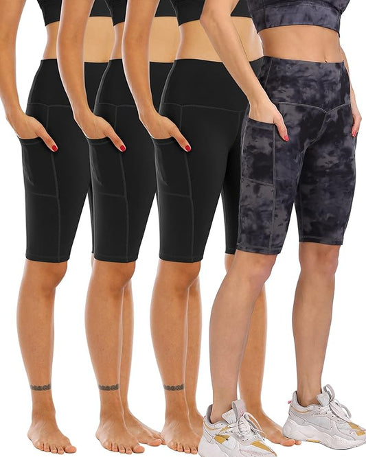 WHOUARE 4 Pack Biker Yoga Shorts with Pockets for Women,High Waisted Athletic Running Workout Gym Shorts Tummy Control
