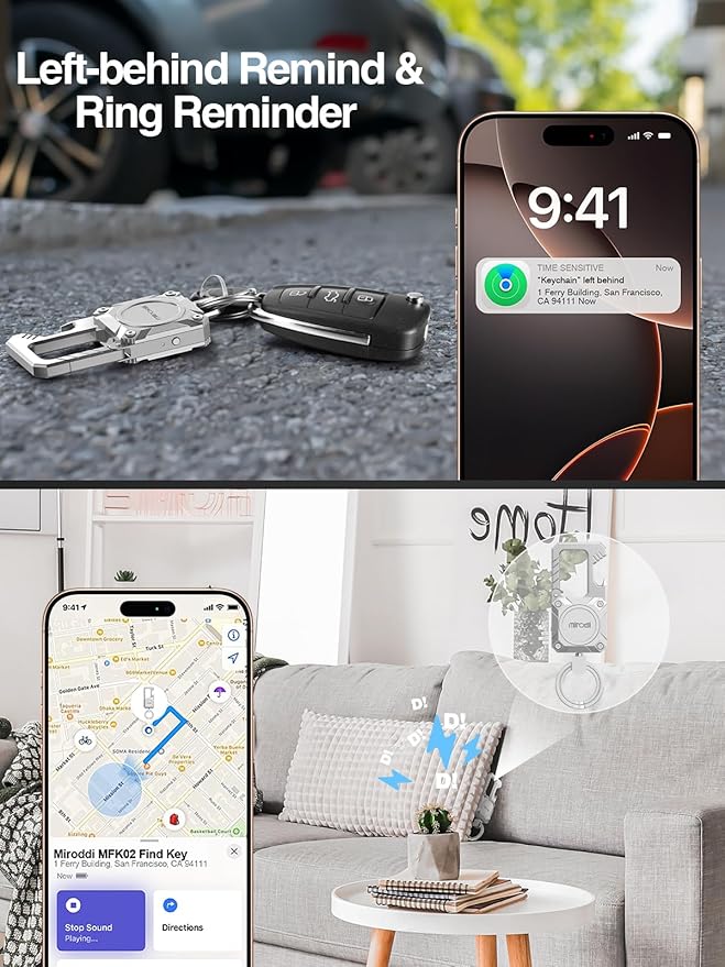 Miroddi Keychain Tracker, Men's Key Chain Works with Find My(iOS Only), Heavy Duty Keychain Carabiner Bottle Opener, Car Key Chains with Finder, Anti-lost Keyrings Tracker, Rechargeable, Silver