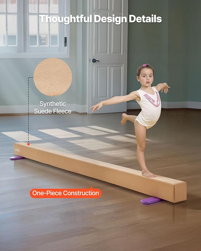 VEVOR 8FT Balance Beam for Kids, 200-350LBS Stable Support Gymnastics Floor Beam with Non-Slip Mat, Wood-Core/EVA Gymnastics Training Equipment with Anti-Slip Bottom & Carry Bag for Home Gym