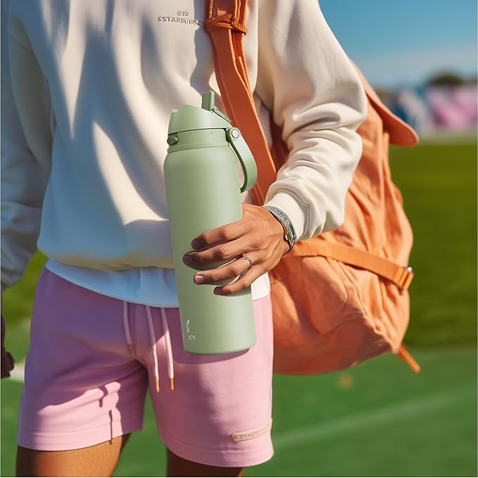 32 oz Insulated Water Bottle with Straw: Meoky Stainless Steel Metal Water Bottle with 2-in-1 Lid - Leak Proof, Cold for 24 Hours, Protective Silicone Base, BPA-Free for Sports Gym, Sage
