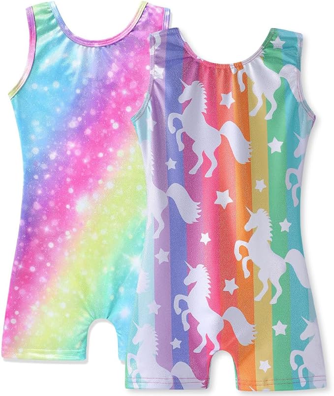 HOZIY Gymnastics Leotards for Girls with Shorts Toddlers Biketards Rainbow Unicorn Dinosaur Mermaid Leopard Flower Galaxy