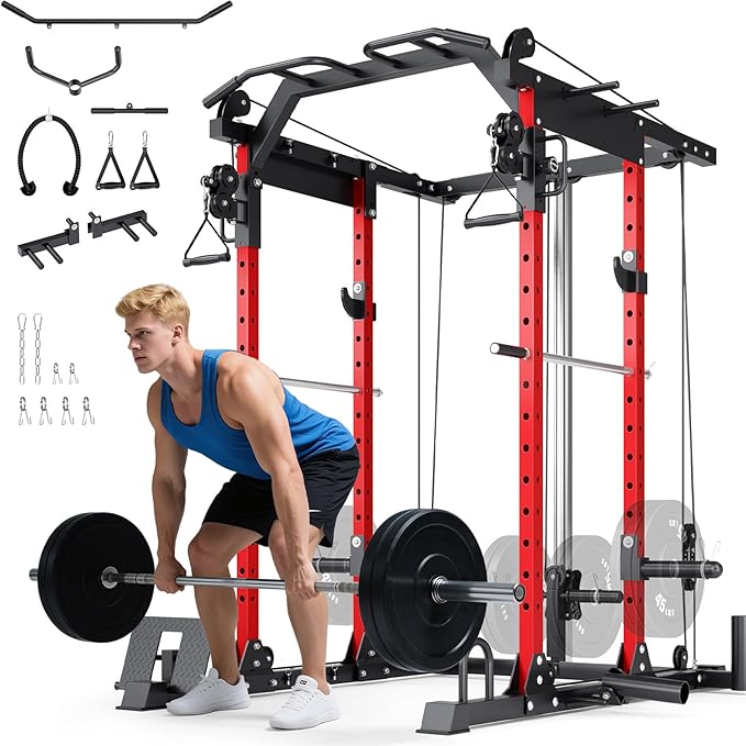 YOLEO Smooth Dual Pulley System Power Cage, 1700LBS Adjustable Cable Crossover Power Rack, Multi-Functional Squat Rack for Home Gym