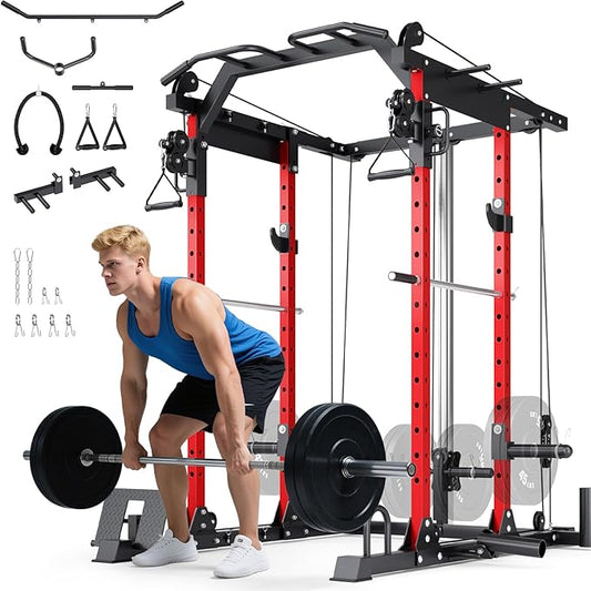 YOLEO Smooth Dual Pulley System Power Cage, 1700LBS Adjustable Cable Crossover Power Rack, Multi-Functional Squat Rack for Home Gym