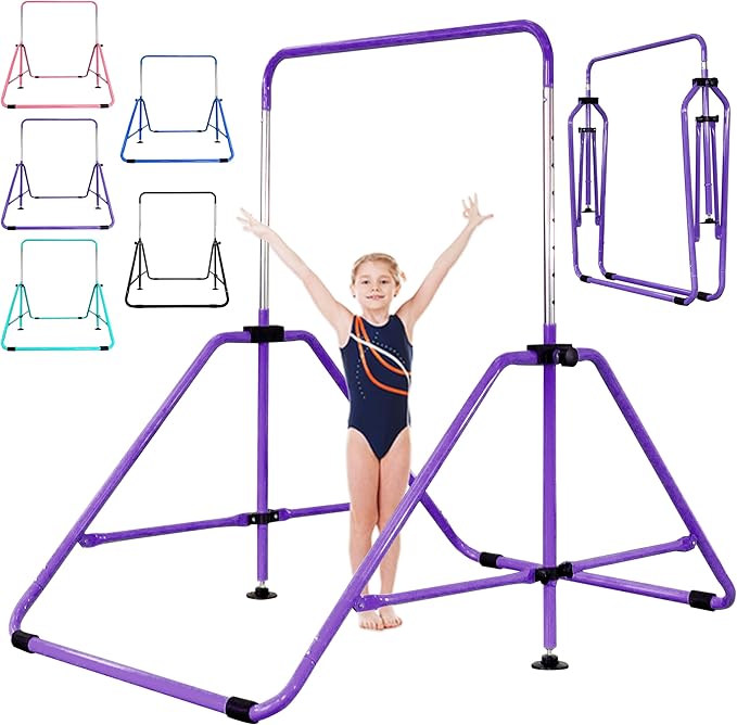 MARFULA Foldable Gymnastic Bar for Kids Ages 3-12, 9 Height Levels, 200 lbs Weight Capacity, 5 Ft Length Gymnastic Kip Bar with Mat, Gymnastic Equipment for Home and Gym Center Indoor Outdoor Use