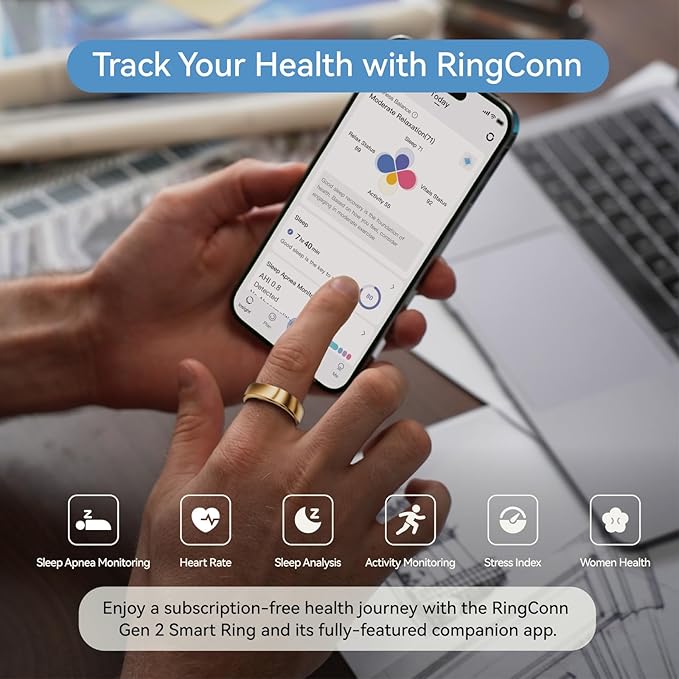 RingConn Gen 2, World’s First Smart Ring with Sleep Apnea Monitoring, No APP Subscription, 12-Day Battery Life, Stress/Heart Rate/Women's Health Tracker, Android & iOS Compatible (Rose Gold, Size 12)