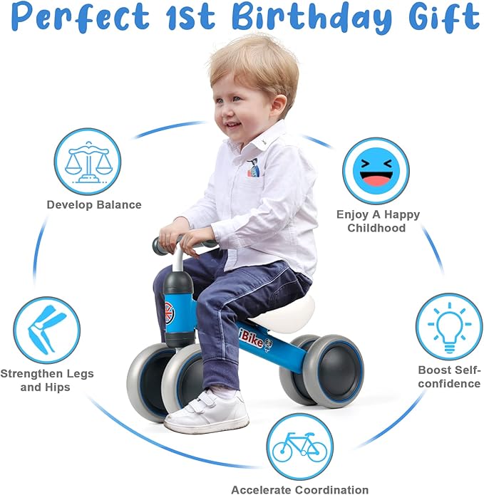 Baby Balance Bikes for 1 Year Old Boys Girls, Toddler Bike 10-24 Months Baby Riding Toys with 4 Wheels, No Pedal Anti-Drop Baby Walker Bicycle, Baby's First Bike First Birthday Gift Christmas