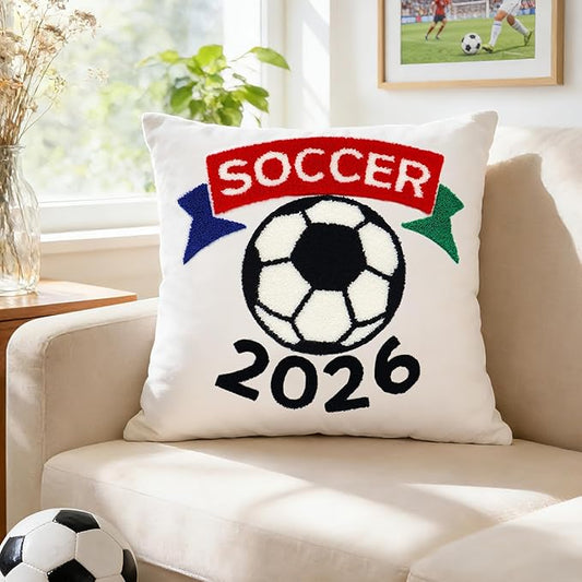 18x18 Inches Decorative Pillow Covers 1pc for World Soccer 2026 Fans, Soccer Ball Embroidered Throw Pillows Cases for Couch Bed Room, Game Day Home Decor Pillows Covers Gifts for Women Men