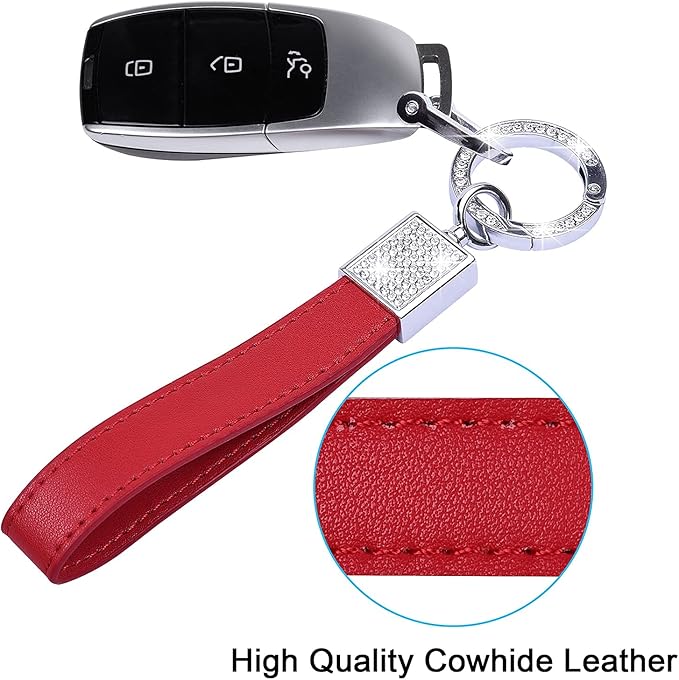 Wisdompro Genuine Leather Car Keychain, Bling Key FOB Holder Leather Loop Keychains for Women Girls with Crystal Rhinestones and 2 Keyrings - Red