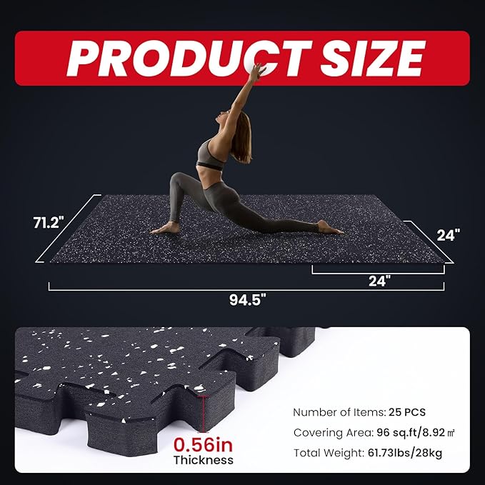 GCCSJ 0.56'' Thick Exercise Equipment Mats, 24 Pcs 96 Sq Ft Rubber Top Floor Tiles, EVA Foam Exercise Mat Tiles - Durable, Non-Slip, Interlocking Mat (Black)
