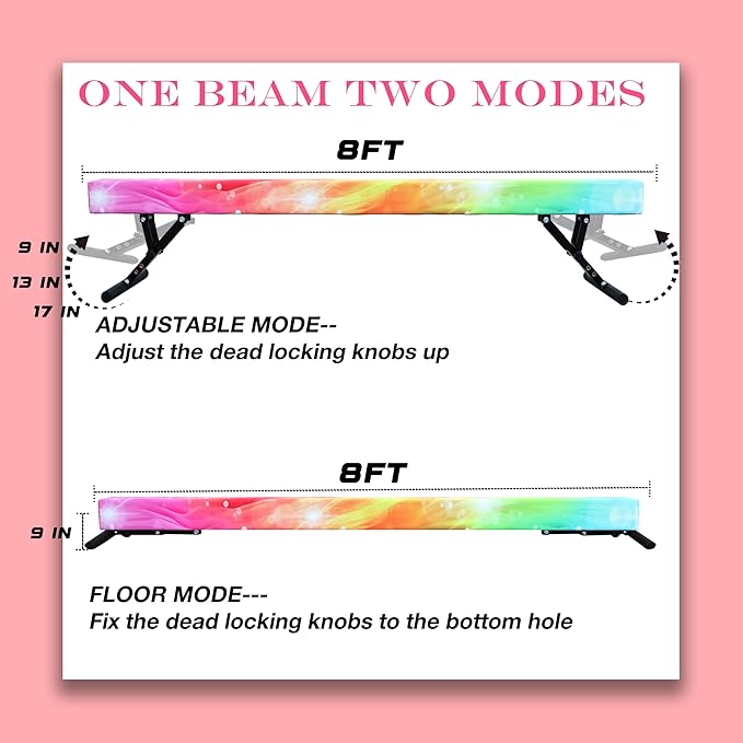 Adjustable Balance Beam for Kids, 8FT Gymnastics Beam with Anti-Slip Legs, High and Low Floor Beam for All Gymnastics Levels, Professional Gymnastic Equipment for Home, Gym Center