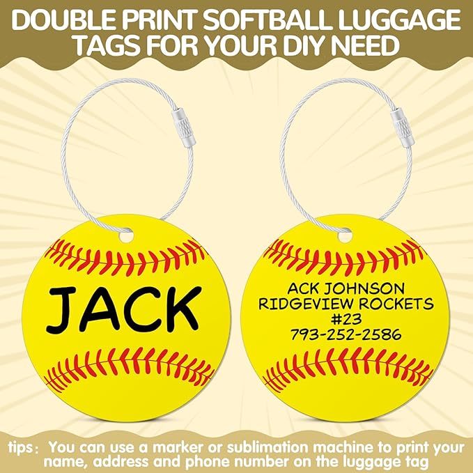 12 Pcs Softball Luggage Tags for Suitcases Travel Suitcase Labels with Metal Ring 2.75in Softball Keychain PVC Name Id and DIY Pocket Hug Card Backpack Charms for Men Women Travel Bag Suitcase