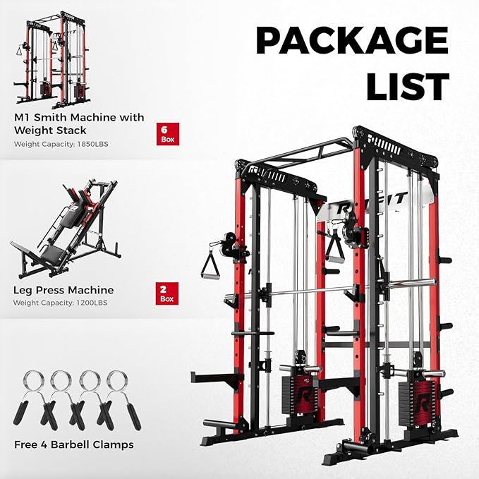 RitFit M1 Pro Smith Machine Package, All-in-One Power Cage with Weight Stack Set, Includes LAT Pulldown & Cable Crossover System for Home Gyme