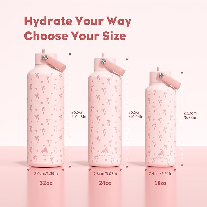 POWCAN 24 oz Insulated Water Bottle: Leakproof, Cup Holder Friendly, Cold for 24H, BPA-free, Top Handle, Double Walled Metal Water Bottle for Student, Girl, School, Camping, Daily (Sweetheart Bow)