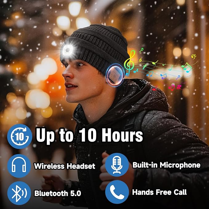 Rotibox Bluetooth Beanie Hat with Light, Music Knit Hat with Headphones for Outdoor Sports,Gifts for Men, Stocking Stuffers for Men