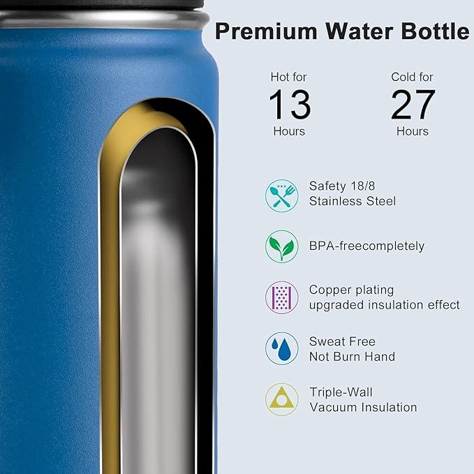 koodee Water Bottle -16 oz Stainless Steel Double Wall Vacuum Insulated Water Bottle for School Wide Mouth Spotrs Flask with Leakproof Spout Lid (Navy)