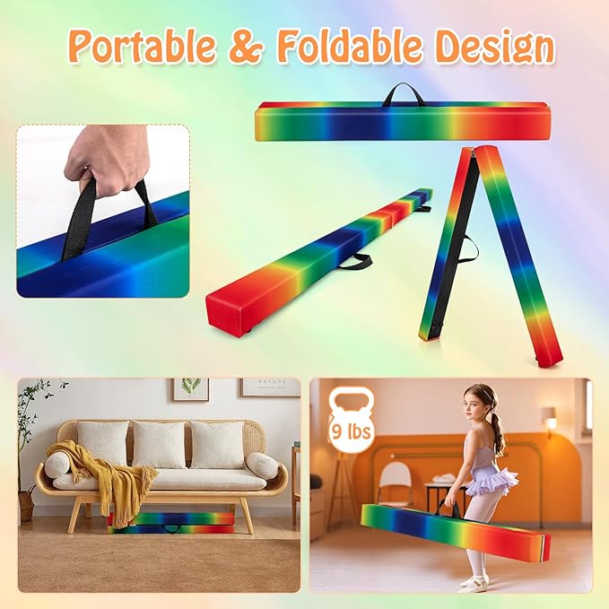 Giantex 7FT/8FT/9FT Balance Beam, Folding Gymnastics Beam w/Carry Handles, Floor Foam Gymnastics Equipment for Kids, Non Slip Rubber Base for Exercise, Practice & Professional Home Training