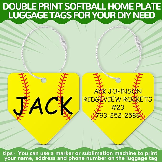 12 Pcs Softball Home Plate Luggage Tags for Softball Travel Suitcase Labels with Metal Ring 2.75in Softball-Related Keychain PVC Name Id Card and DIY Pocket Hug Card for Men Women Travel Bag Suitcase