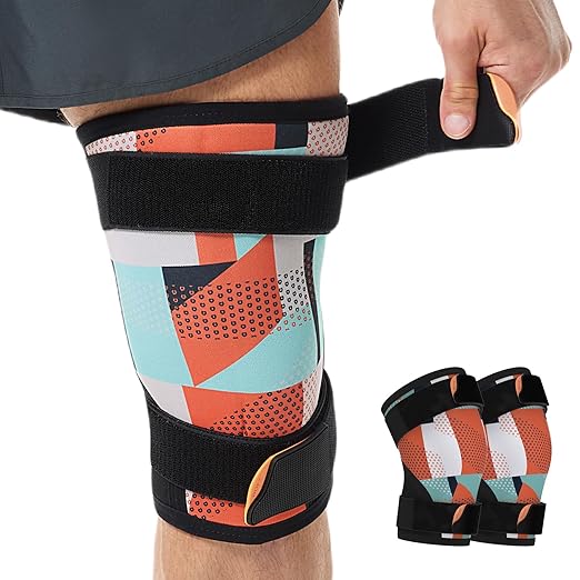 Knee Brace (1 Pair) Adjustable Strap 7mm Neoprene Knee Compression Sleeve Knee Support for Men Women for Training & Fitness, Weightlifting, Onyx Medium
