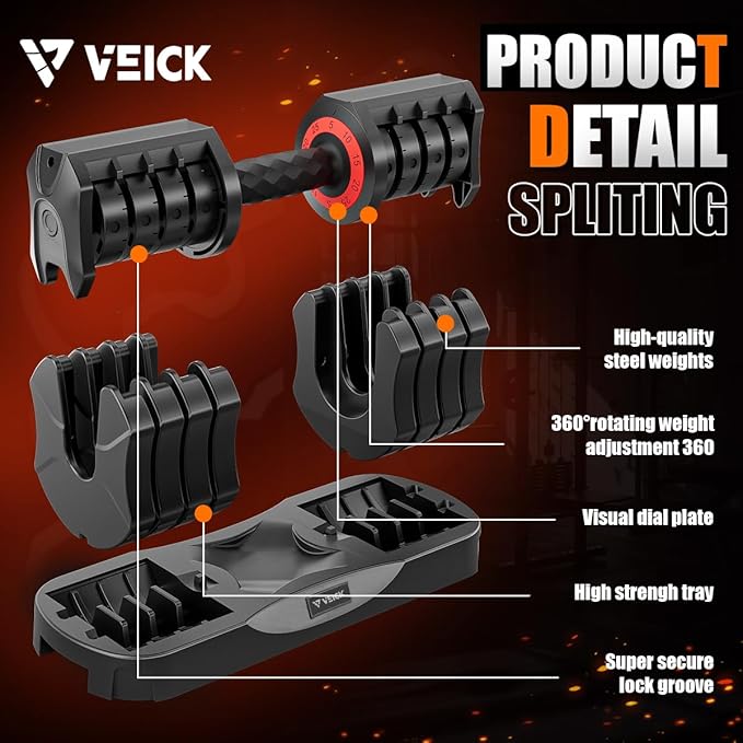 VEICK 25 lbs Adjustable Dumbbell with Anti-Slip Turning Handle, Fast Adjust Weight for Men Women, Exercise Equipment with Tray for Home Gym Full Body Workout Fitness