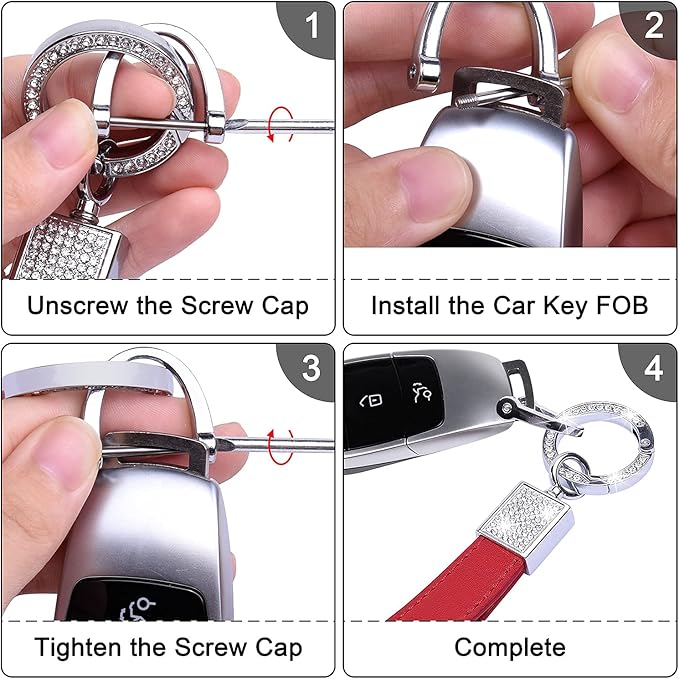 Wisdompro Genuine Leather Car Keychain, Bling Key FOB Holder Leather Loop Keychains for Women Girls with Crystal Rhinestones and 2 Keyrings - Red