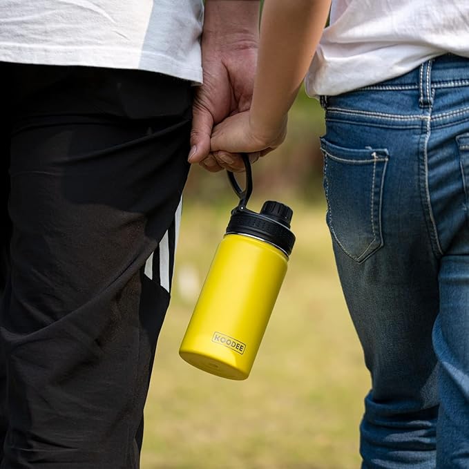 koodee Small Water Bottle for School-12 oz Stainless Steel Triple Wall Vacuum Insulated Wide Mouth Bottle with Leakproof Spout Lid (Yellow)