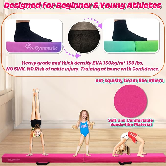PreGymnastic 6FT/8FT/9.5FT Folding Balance Beam for Kids Ages 3-12, Foldable Gymnastics Floor Beam-Extra Firm Suede Cover with Carrying Bag for Home-Gym Equipment for Toddler Teenager