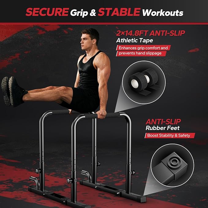 Dip Bar for Home Gym 880LBS Heavy Duty Dip Station Adjustable Height & Width Parallettes Bars for Full Body Strength Training Push Up Bar for Beginners & Advanced Users