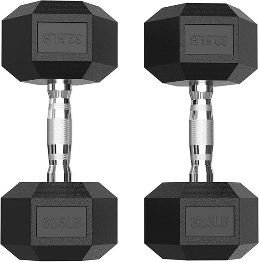 PAPABABE Hex Dumbbell Set with Rubber Grip 2.5-125lb, Odorless Rubber Coated Weight Fixed Dumbbells Set of 2, Weights for Women at Home, Hand Weights for Home Gym & Strength Training,Pesas Para Ejercicios
