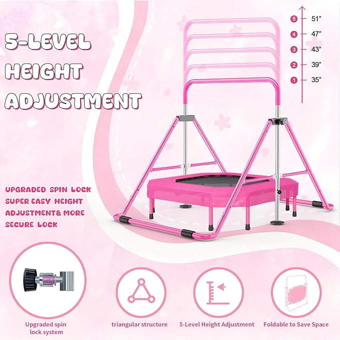 Safly Fun Foldable Gymnastics Bar for Kids, Adjustable 35"-51", Sturdy 145 lbs Capacity, Easy-to-Assemble, Gymnastics Equipment for Kids for Indoor/Outdoor Training