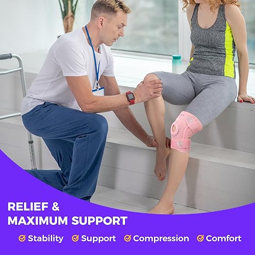 Knee Support Brace for Women Men, Adjustable Knee Compression Sleeve Brace Patellar Pad Tendon - Arthritis Pain, Meniscus Tear, Injury Recovery, Running, Workout, Neoprene Knee Braces with Stabilizers and Open Patella, Pink
